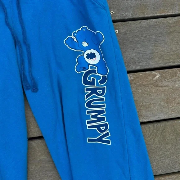 Y2K Blue Care Bear Capri Sweatpants w/ Grumpy Care Bear Graphic and Drawstring - Picture 3 of 7